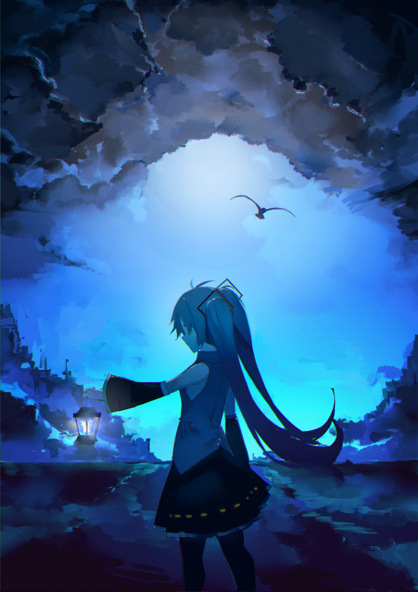 1girl absurdres antenna_hair armpit_peek bird black_skirt black_thighhighs blue_eyes blue_hair blue_sky cave cave_interior collared_shirt detached_sleeves floating_hair frilled_shirt frills gradient_sky grey_shirt hair_ornament hatsune_miku headset highres holding holding_lantern lake lantern long_hair looking_at_object miniskirt pleated_skirt seagull shirt skirt sky standing thighhighs thighs twintails underground usagi_(wtmh) vocaloid