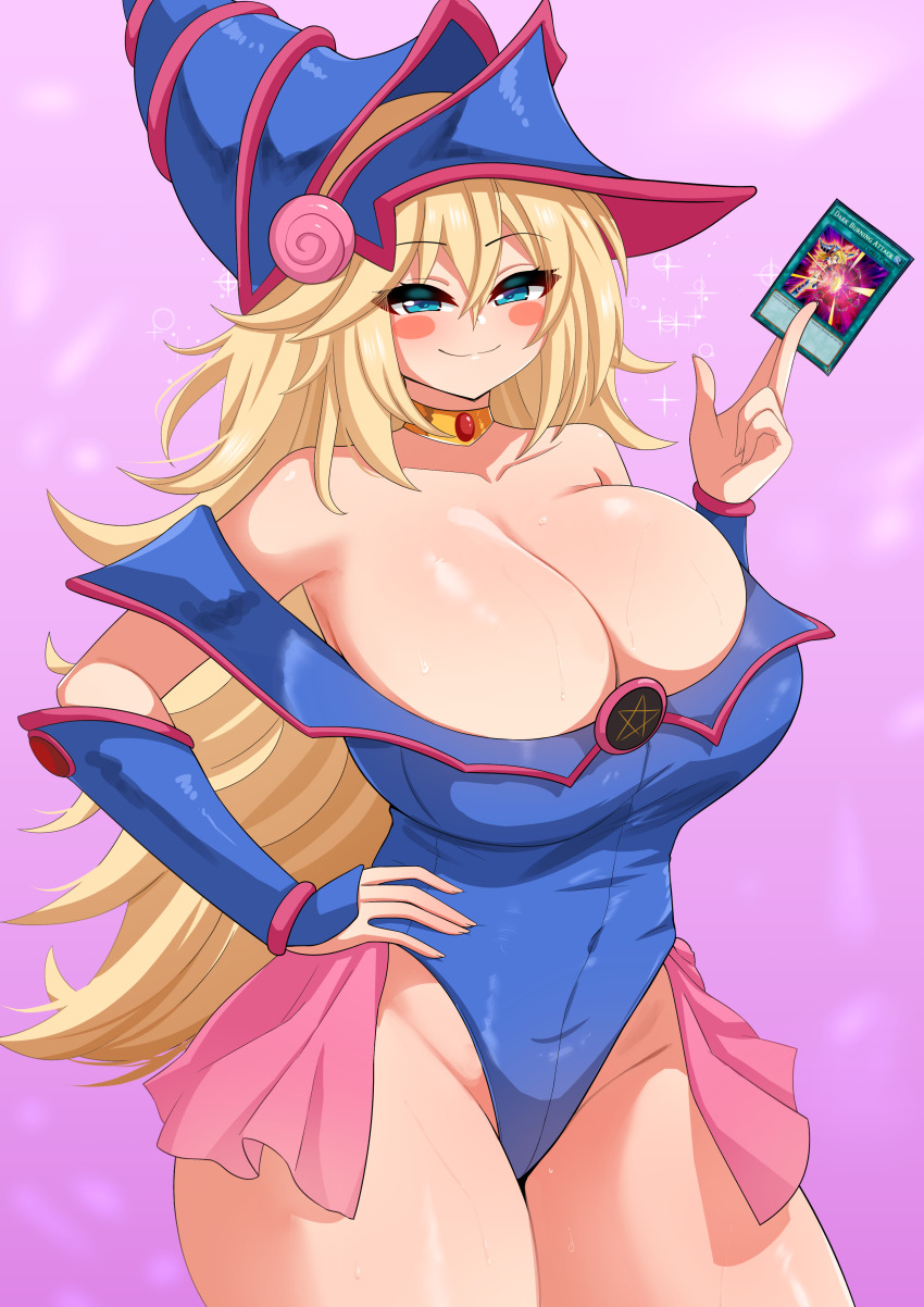 1girl absurdres adapted_costume bare_shoulders blonde_hair blue_eyes blue_leotard blush_stickers bracer breasts card cleavage closed_mouth collarbone covered_navel cowboy_shot dark_magician_girl gradient_background hand_on_own_hip hat highres holding holding_card huge_breasts leotard long_hair looking_at_viewer pink_background smile smug solo standing sweat the_only_shoe wizard_hat yu-gi-oh! yu-gi-oh!_duel_monsters