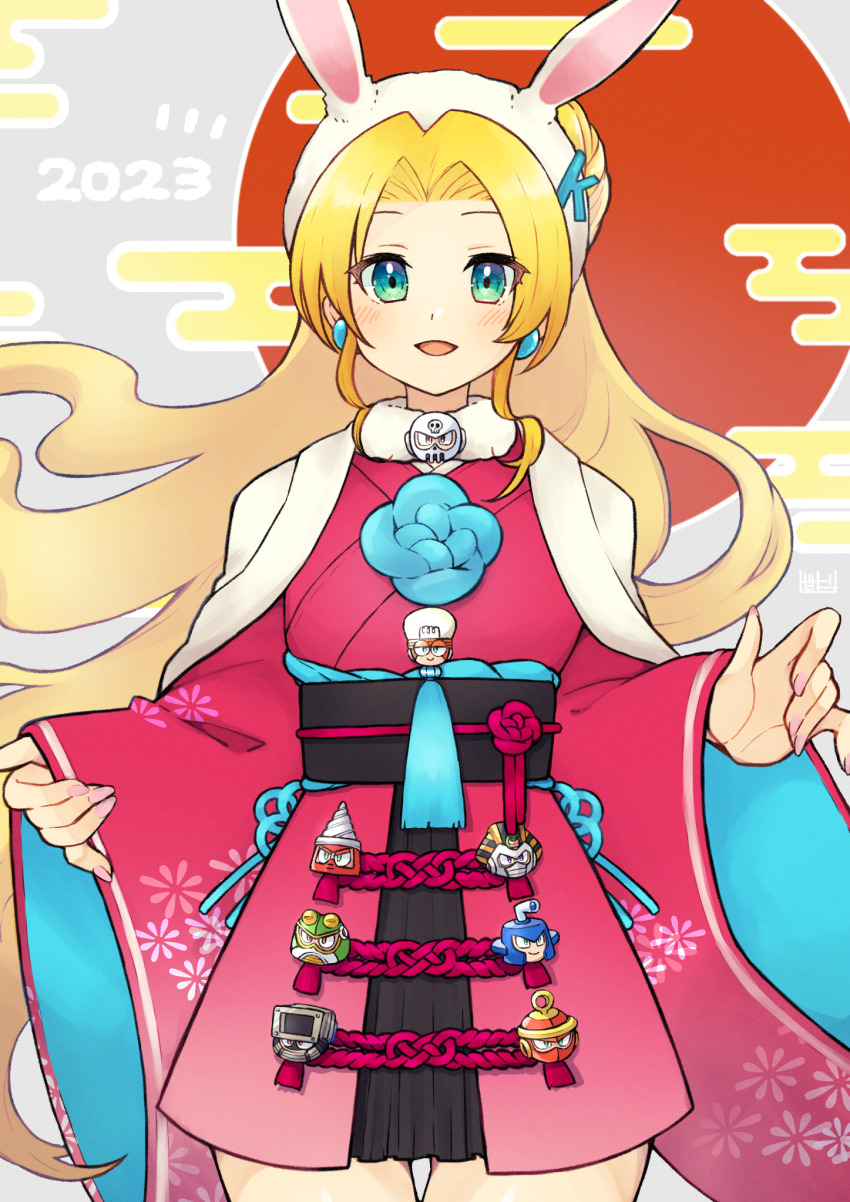 1girl 2023 blonde_hair blush bright_man dive_man drill_man dust_man earrings green_eyes highres japanese_clothes jewelry kalinka_cossack_(mega_man) kimono long_hair long_sleeves looking_at_viewer mega_man_(classic) mega_man_(series) open_mouth parted_bangs pharaoh_man pink_nails red_kimono ring_man skull_man smile solo toad_man tobitori