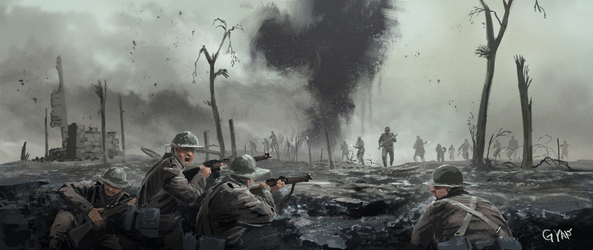 4boys 6+others aiming ammunition_pouch army artist_name atmospheric_perspective bare_tree bayonet belt_pouch bolt_action brick_wall brodie_helmet charging_forward cloud combat_helmet commentary day debris english_commentary facing_away from_behind from_side grey_headwear grey_pants grey_shirt grey_sky grey_theme gun gun_sling gyan_(akenosuisei) helmet highres holding holding_gun holding_weapon lee-enfield long_sleeves looking_at_viewer military military_uniform mixed-language_commentary multiple_boys multiple_others open_mouth original outdoors pants pouch puddle rifle ruins scenery shirt shouting sky smoke soldier suspenders teeth tree trench turning_head war water weapon wide_shot world_war_ii
