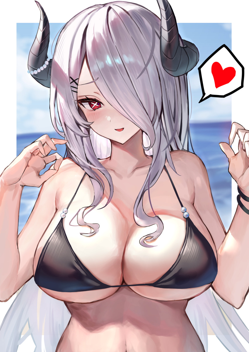 1girl absurdres bare_shoulders bikini black_bikini black_horns blush breasts cleavage collarbone commentary_request grey_hair hair_ornament hair_over_one_eye hairclip hands_up heart highres horn_ornament horns kabi_(zcwd8845) large_breasts long_hair looking_at_viewer one_eye_covered original outdoors red_eyes smile solo swimsuit symbol-shaped_pupils underboob upper_body x-shaped_pupils
