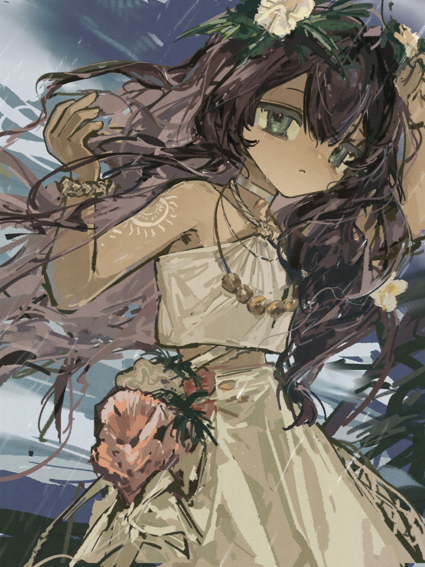 1girl aizeng_ziyou bare_arms bare_shoulders blue_eyes bracelet brown_hair closed_mouth cloud conch dark-skinned_female dark_clouds dark_skin fatutu flower grey_sky hair_flower hair_ornament halter_shirt halterneck hands_up highres jewelry long_hair midriff necklace rain reverse:1999 seashell shell shell_necklace shirt shoulder_tattoo skirt sky solo storm tattoo upper_body white_flower white_shirt white_skirt