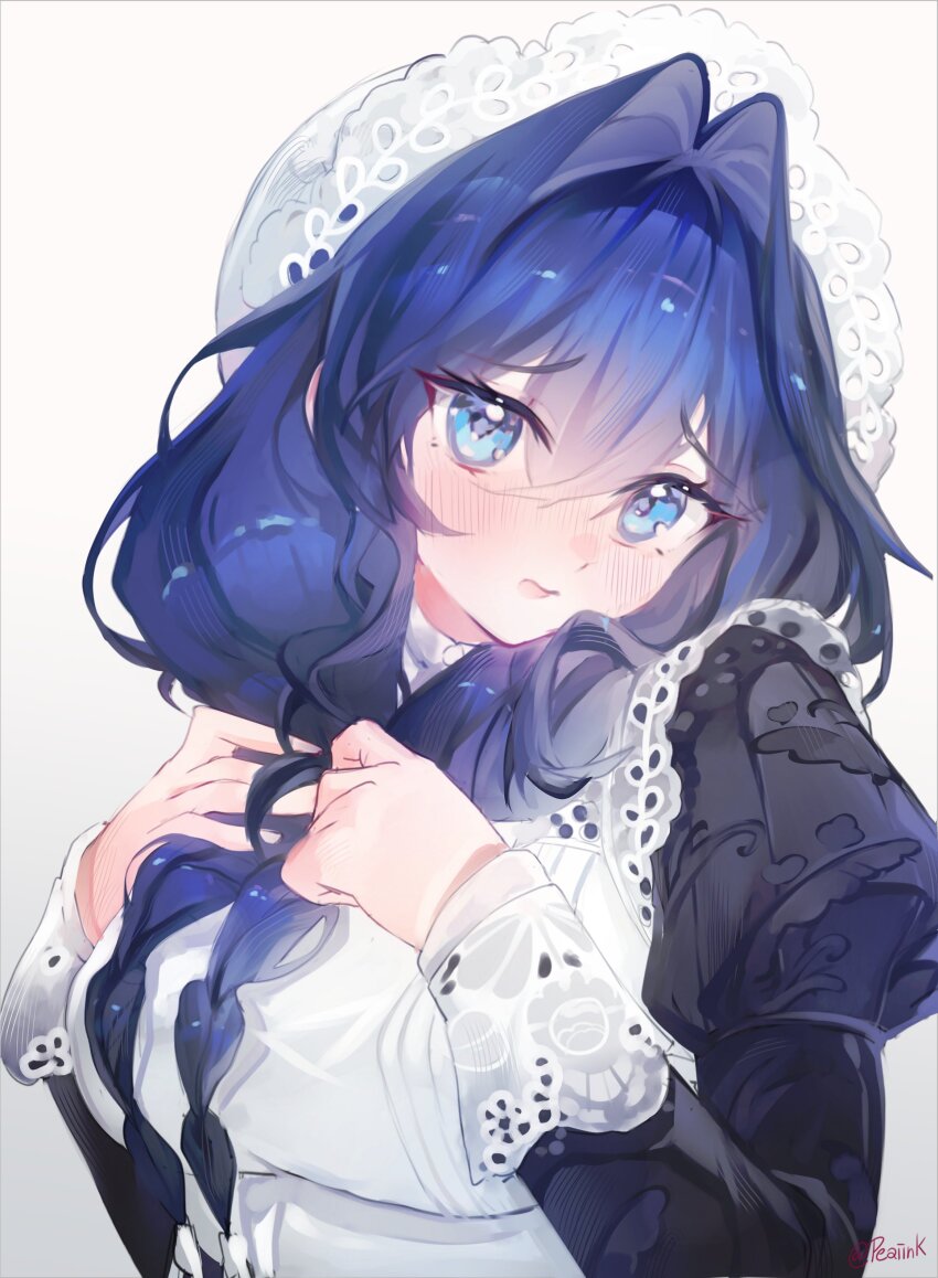 1girl absurdres apron black_dress blue_eyes blue_hair blush breasts closed_mouth dress hair_intakes hat highres hololive hololive_english iinkpea long_hair long_sleeves mob_cap ouro_kronii ouro_kronii_(maid) solo twitter_username upper_body virtual_youtuber white_apron white_hat