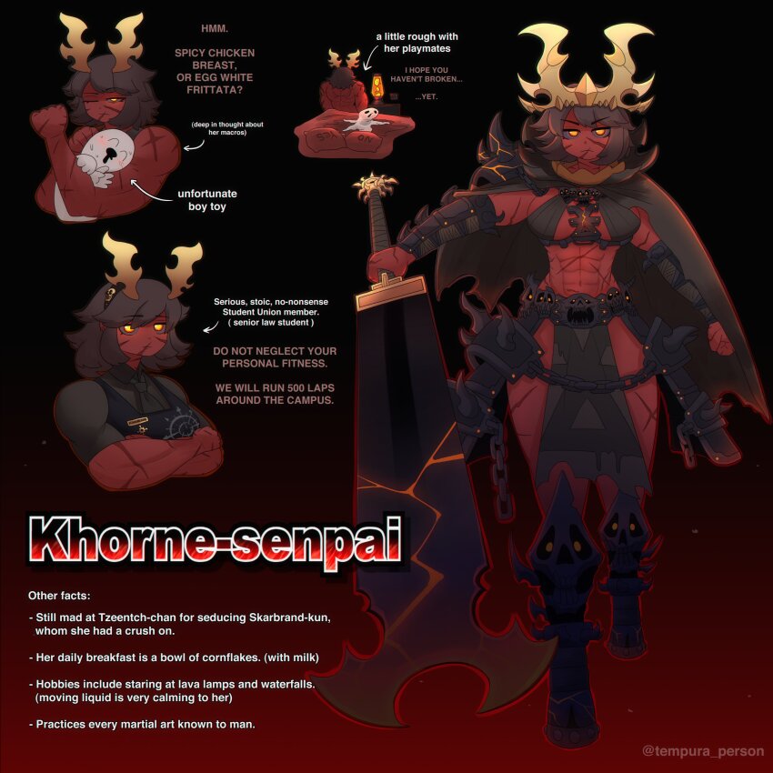 1girl abs absurdres bed black_hair black_sclera black_shirt boots breasts chaos_(warhammer) claymore_(sword) colored_sclera colored_skin demon_girl demon_horns english_text full_body genderswap genderswap_(otf) highres holding holding_shield holding_sword holding_weapon horns khorne long_hair looking_at_viewer medium_breasts multiple_views muscular muscular_female one_eye_closed pelvic_curtain pillow red_skin shield shirt short_sleeves sword tempura_person warhammer_40k weapon yellow_eyes