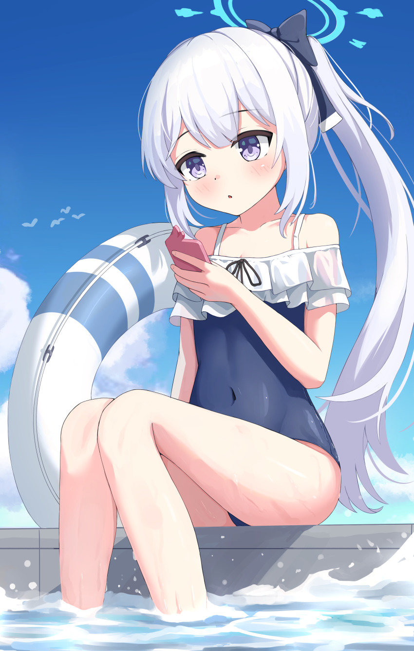 absurdres bare_legs bare_shoulders blue_archive blue_halo blue_sky blush bow cellphone cloud covered_navel day feet_out_of_frame hair_bow halo highres holding holding_phone innertube long_hair miyako_(blue_archive) miyako_(swimsuit)_(blue_archive) off_shoulder official_alternate_costume outdoors parted_lips phone ponytail purple_eyes sidelocks sillyprim sitting sky smartphone solo spaghetti_strap swim_ring swimsuit very_long_hair water wet white_hair