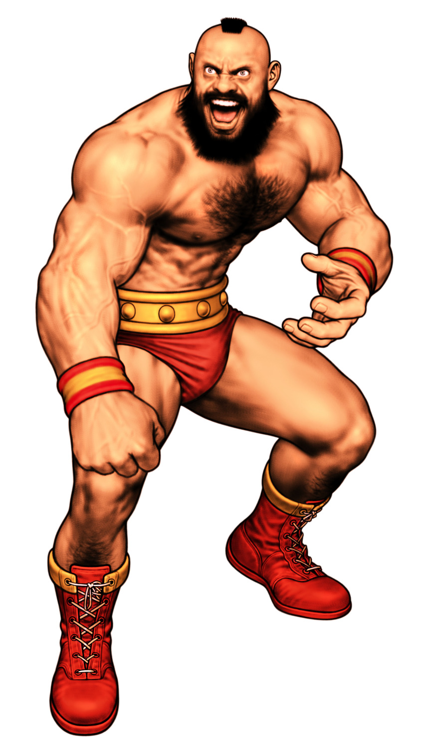 1boy :d abs absurdres beard brown_hair capcom capcom_vs_snk_2 claw_pose clenched_hand facial_hair full_beard game_cg highres leg_hair male_focus mohawk mori_toshiaki muscular muscular_male navel nipples non-web_source official_art open_mouth outstretched_hand pectorals shredded_muscles smile solo street_fighter teeth thick_chest_hair thick_thighs thighs third-party_source topless_male upper_teeth_only veins veiny_arms white_background wrestling_outfit wristband zangief