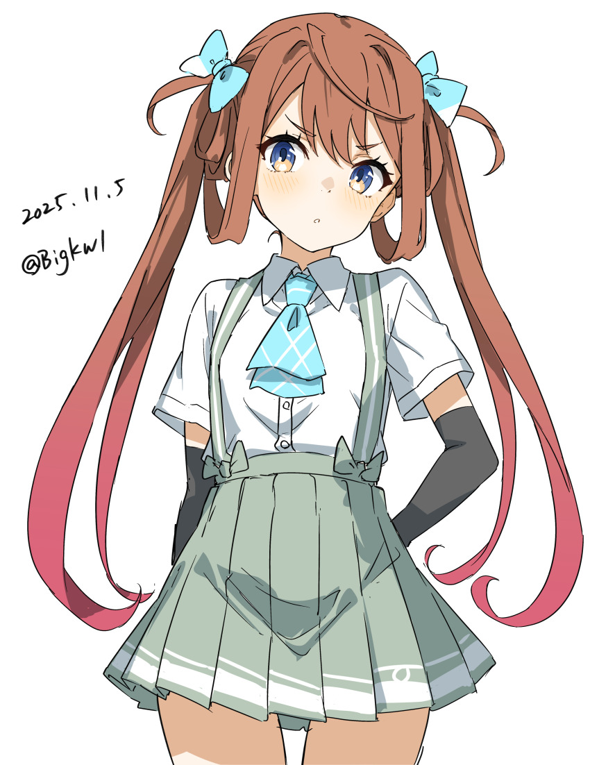 1girl absurdres arm_warmers asagumo_(kancolle) ascot bigkwl blue_ascot blush brown_eyes brown_hair double_bun grey_skirt hair_bun hair_ribbon highres kantai_collection long_hair plaid_ascot plaid_clothes pleated_skirt ribbon school_uniform shirt simple_background skirt smile solo suspenders twintails white_background white_shirt