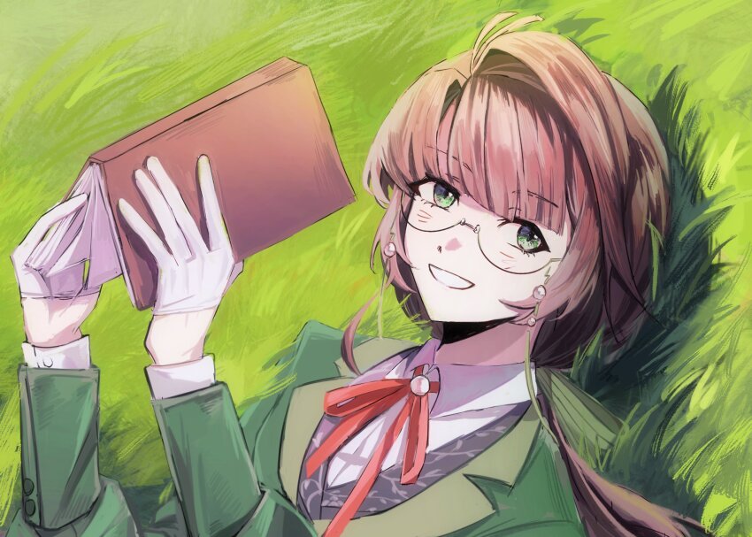 1girl akina_(akatsuki1218000) book bow brown_hair collared_shirt eyewear_strap glasses gloves green_eyes green_jacket grin hair_bow hands_up highres holding holding_book jacket kakania_(reverse:1999) looking_at_viewer low_ponytail lying neck_ribbon on_back on_grass ponytail red_ribbon reverse:1999 ribbon shirt smile solo upper_body white_gloves white_shirt