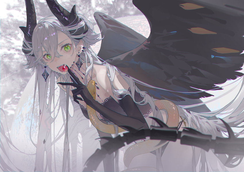 1girl absurdres bare_shoulders black_hands body_markings breasts candy colored_extremities demon_girl demon_horns fate/grand_order fate_(series) feathered_wings food green_eyes grey_hair highres horns lilith_(fate) lilith_(third_ascension)_(fate) lollipop long_hair looking_at_viewer rong_kui_baku solo tail wings