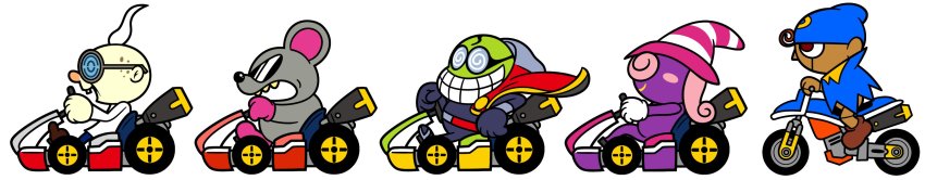 1girl 4boys bad_id bad_twitter_id biker_clothes bikesuit bodysuit boots cape coke-bottle_glasses fawful geno_(mario) gerakobits ghost glasses go-kart hair_over_eyes hat highres jpsupper long_hair long_image luigi&#039;s_mansion mario_&amp;_luigi:_superstar_saga mario_&amp;_luigi_rpg mario_(series) mario_kart mario_kart_8 motor_vehicle motorcycle mouse_(animal) mouser multiple_boys nintendo paper_mario paper_mario:_the_thousand-year_door parody pink_hair professor_elvin_gadd puppet racing_suit simple_background sunglasses super_mario_bros._2 super_mario_rpg vivian_(paper_mario) white_background wide_image witch_hat