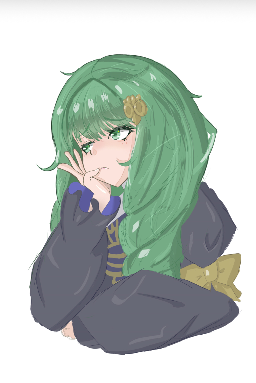 1girl closed_mouth drill_hair fe_feophelia fire_emblem fire_emblem:_three_houses flayn_(fire_emblem) garreg_mach_monastery_uniform green_eyes green_hair hair_ornament hairclip highres long_hair long_sleeves nintendo solo twin_drills