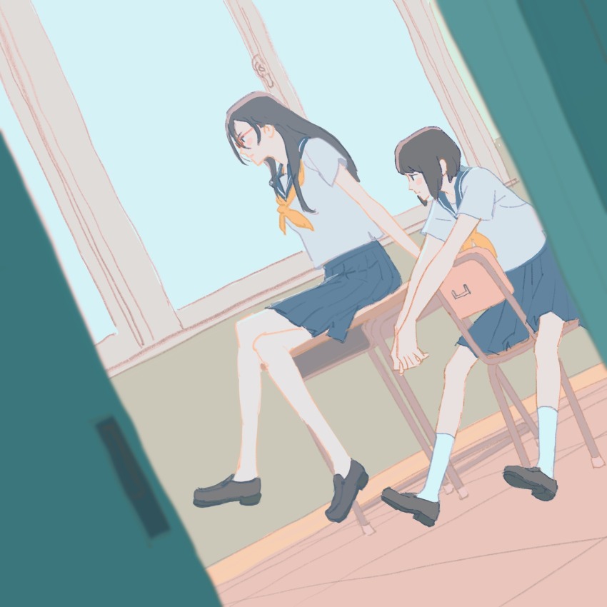 2girls 55bata6rou black_hair black_shoes blue_sailor_collar blue_skirt chair classroom crossed_legs desk full_body glasses hibike!_euphonium highres indoors kitauji_high_school_uniform loafers long_hair multiple_girls nakaseko_kaori neckerchief on_chair on_desk open_door outstretched_arms pleated_skirt red-framed_eyewear sailor_collar school_chair school_desk school_uniform shirt shoes short_hair short_sleeves sitting sitting_backwards skirt summer_uniform tanaka_asuka white_shirt window yellow_neckerchief