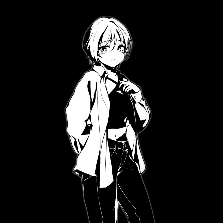 1girl arm_behind_back black_background blush commentary criss-cross_halter crop_top english_commentary eternal_polaris greyscale halterneck hand_on_own_chest highres jacket long_sleeves looking_at_viewer midriff monochrome navel nougat_(no_9ada) open_clothes open_jacket pants parted_lips short_hair shutokou_battle shutokou_battle_(2025) simple_background solo