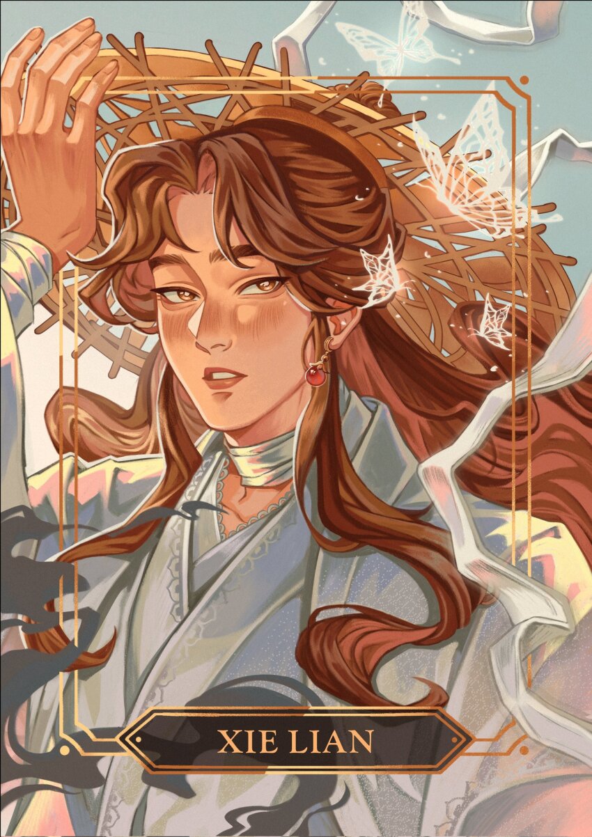 1boy bandaged_neck bandages border bright_pupils brown_eyes brown_hair bug butterfly character_name chinese_clothes commentary earrings english_commentary gem glowing_butterfly gold gold_border hair_bun hand_up hanfu hat highres insect inset_border jewelry long_hair male_focus open_mouth ornate_border outdoors outside_border parted_bangs portrait red_gemstone ribbon rice_hat sidelocks single_earring single_hair_bun sky solo tianguan_cifu verbartt white_butterfly white_hanfu white_pupils white_ribbon white_sky xie_lian