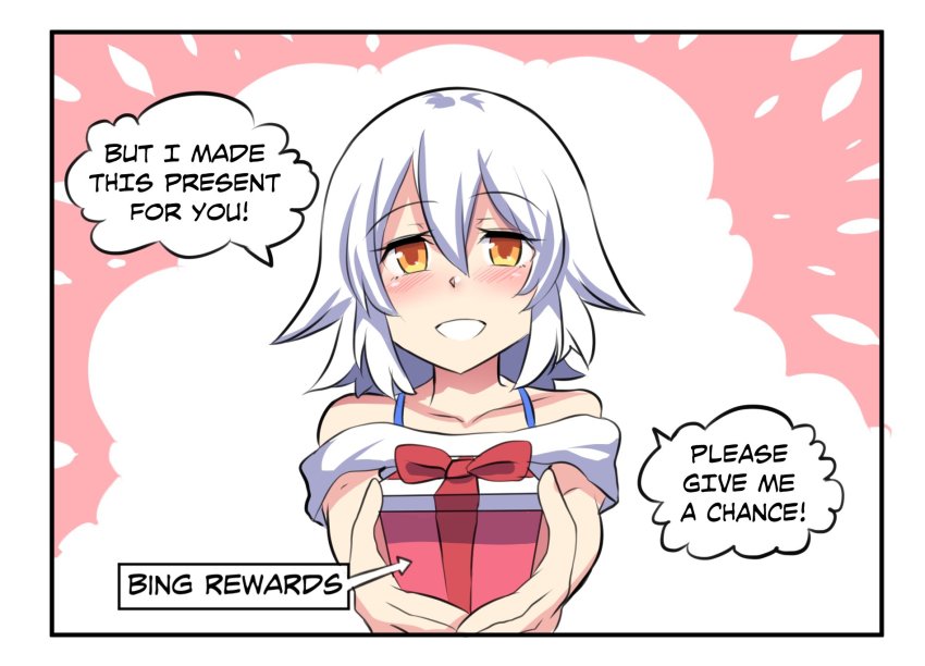 1girl bing blush comic english_text female_focus gift highres hinghoi looking_at_viewer open_mouth orange_eyes short_hair solo white_hair