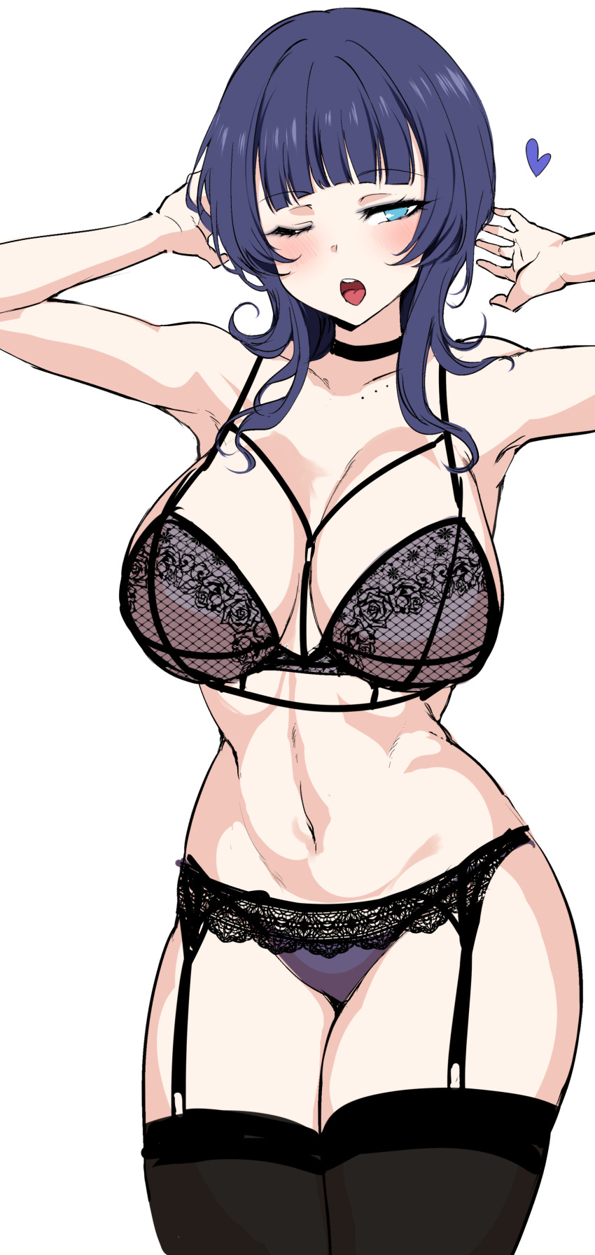 1girl absurdres agetama armpits arms_up asaka_karin bare_shoulders black_bra black_garter_belt black_thighhighs blue_eyes blue_hair blunt_bangs blush bra breasts choker cleavage closed_mouth commentary_request cowboy_shot dark_blue_hair eyeliner fishnet_bra garter_belt garter_straps heart highres lace lace-trimmed_garter_belt lace-trimmed_legwear lace_trim large_breasts lingerie long_hair love_live! love_live!_nijigasaki_high_school_idol_club makeup medium_hair mole mole_on_body mole_on_collarbone multiple_moles navel one_eye_closed open_mouth panties purple_panties simple_background sketch solo teeth thighhighs tongue underwear underwear_only white_background