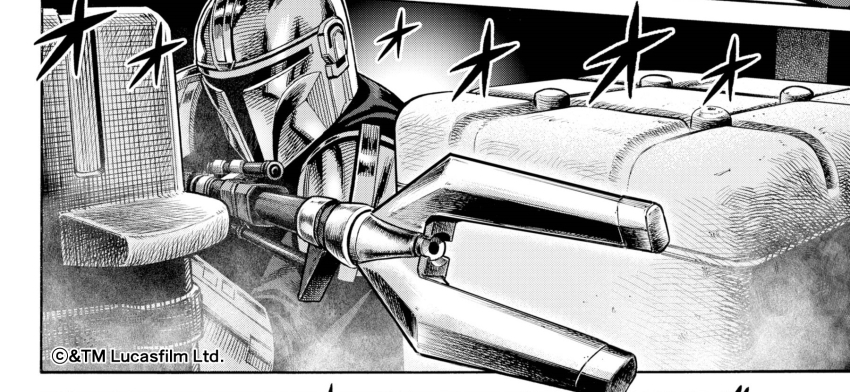 1boy aiming din_djarin energy_gun fingerless_gloves gloves greyscale gun highres holding holding_gun holding_weapon male_focus mandalorian monochrome official_art oosawa_yuusuke rifle scope solo star_wars text_focus the_mandalorian translation_request weapon