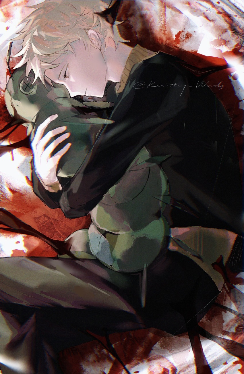 1boy atou_haruki black_jacket black_pants blonde_hair blood brown_eyes brown_sweater chinese_commentary chromatic_aberration closed_mouth commentary_request highres holding holding_stuffed_toy hugging_object jacket long_sleeves lying male_focus on_side pants ribbed_sweater saibou_shinkyoku short_hair solo stuffed_animal stuffed_toy sweater turtleneck turtleneck_sweater zhiyanpianyu55126
