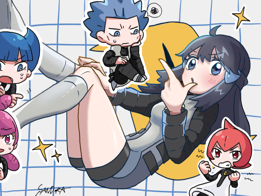2girls 3boys ahoge blue_eyes blue_hair boots chibi chibi_inset creatures_(company) cyrus_(pokemon) dawn_(pokemon) game_freak grey_footwear highres jupiter_(pokemon) mars_(pokemon) multiple_boys multiple_girls nintendo pokemon pokemon_dppt purple_hair red_hair sandora_(karugamo_no_e) saturn_(pokemon) signature spoken_squiggle squiggle team_galactic team_galactic_uniform