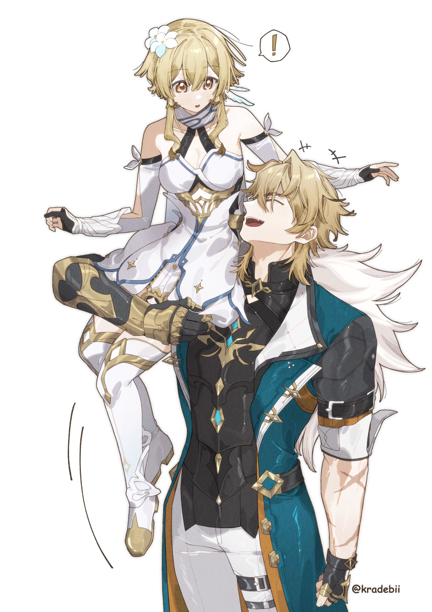 ! 1boy 1girl absurdres arm_armor bare_shoulders black_gloves black_shirt blonde_hair boots breasts cleavage closed_eyes collared_coat commentary_request detached_sleeves dress feather_hair_ornament feathers flower fur_trim genshin_impact gloves hair_flower hair_ornament highres kradebii lifting_person looking_at_another lumine_(genshin_impact) medium_breasts mixed-language_commentary open_mouth pants partial_commentary partially_fingerless_gloves scar scar_on_arm shirt short_hair_with_long_locks simple_background sitting_on_shoulder speech_bubble spoken_exclamation_mark thigh_boots toned toned_male twitter_username varka_(genshin_impact) white_background white_boots white_dress white_pants yellow_eyes