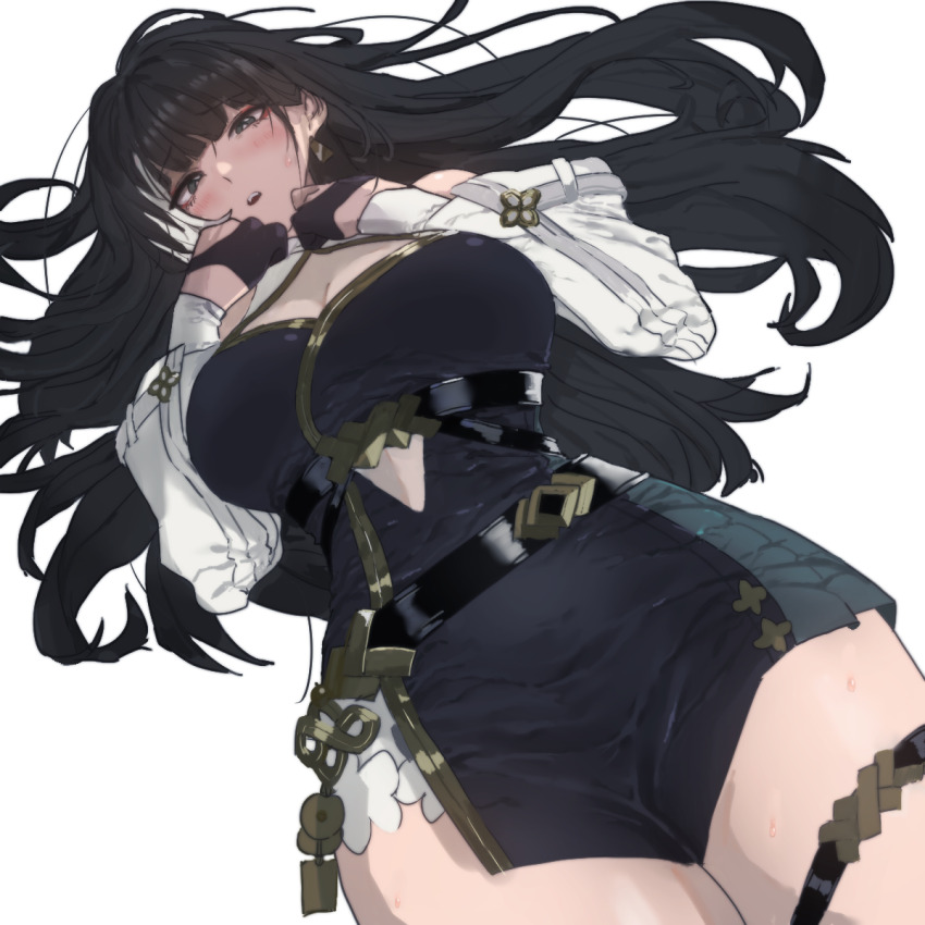 1girl baizhi_(wuthering_waves) black_dress black_hair blhe clothing_cutout cutout_above_navel dress hair_spread_out highres long_hair long_sleeves lying on_back simple_background solo white_background wuthering_waves
