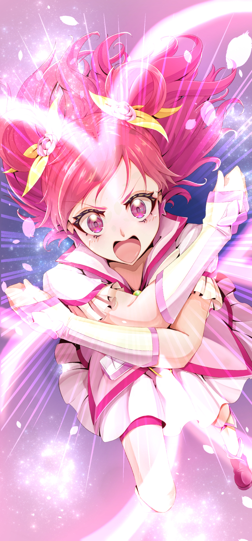 1girl arm_warmers bike_shorts blush boots bow butterfly_brooch butterfly_earrings cure_dream dress earrings flower hair_bow hair_flower hair_ornament hair_rings haruto_(1214_haruto) high_heel_boots high_heels jewelry kneehighs long_hair magical_girl open_mouth pink_boots pink_eyes pink_hair pink_shorts pink_vest precure puffy_short_sleeves puffy_sleeves short_sleeves shorts socks solo vest white_dress yellow_bow yellow_socks yes!_precure_5 yes!_precure_5_gogo! yumehara_nozomi