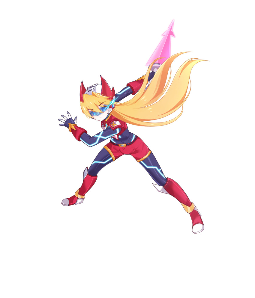1girl absurdres aizeis alternate_costume alternate_hairstyle armor armored_boots belt blonde_hair blue_eyes bodystocking boots breasts chest_jewel ciel_(mega_man) closed_mouth commission commissioner_upload energy_sword eyelashes fake_horns forehead_jewel full_body gauntlets gloves helmet highres holding holding_weapon horned_helmet horns knee_boots knee_pads long_hair looking_at_viewer mechanical_ears mega_man_(series) mega_man_zero_(series) mega_man_zx model_o_(mega_man) non-web_source petite shorts shoulder_armor small_breasts solo standing sword transparent_background weapon