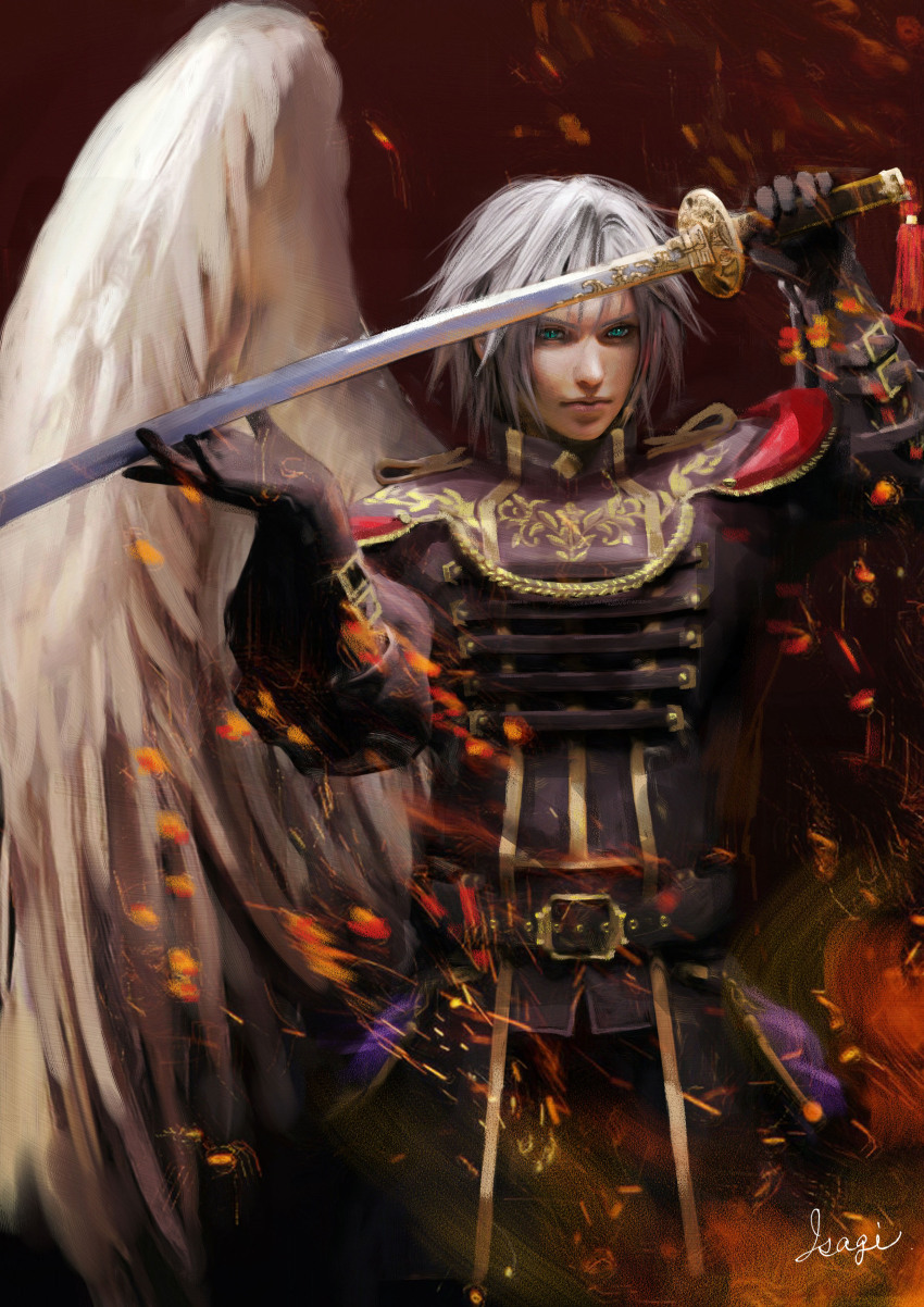 1boy 1sagi absurdres aged_down aiguillette belt belt_buckle black_belt black_gloves black_jacket buckle cowboy_shot elbow_gloves embers expressionless feathered_wings final_fantasy final_fantasy_vii final_fantasy_vii_ever_crisis floral_print gloves green_eyes grey_hair hands_up highres holding holding_sword holding_weapon jacket katana looking_to_the_side male_focus military_jacket military_uniform puffy_sleeves sephiroth sephiroth_(ever_crisis) sephiroth_(shinra_formal_uniform) short_hair signature single_wing slit_pupils solo sword upper_body weapon white_wings wings