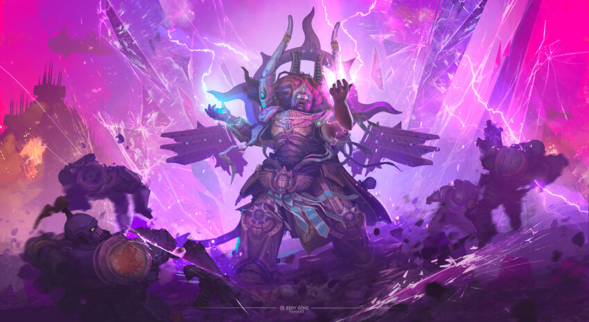 adeptus_astartes armor bolter colored_skin eddygonzlezdvila glowing glowing_eyes gun helmet highres holding holding_gun holding_weapon instagram_username light lightning magic magnus_the_red multiple_boys primarch red_hair red_skin space_marine space_wolves thousand_sons warhammer_40k weapon