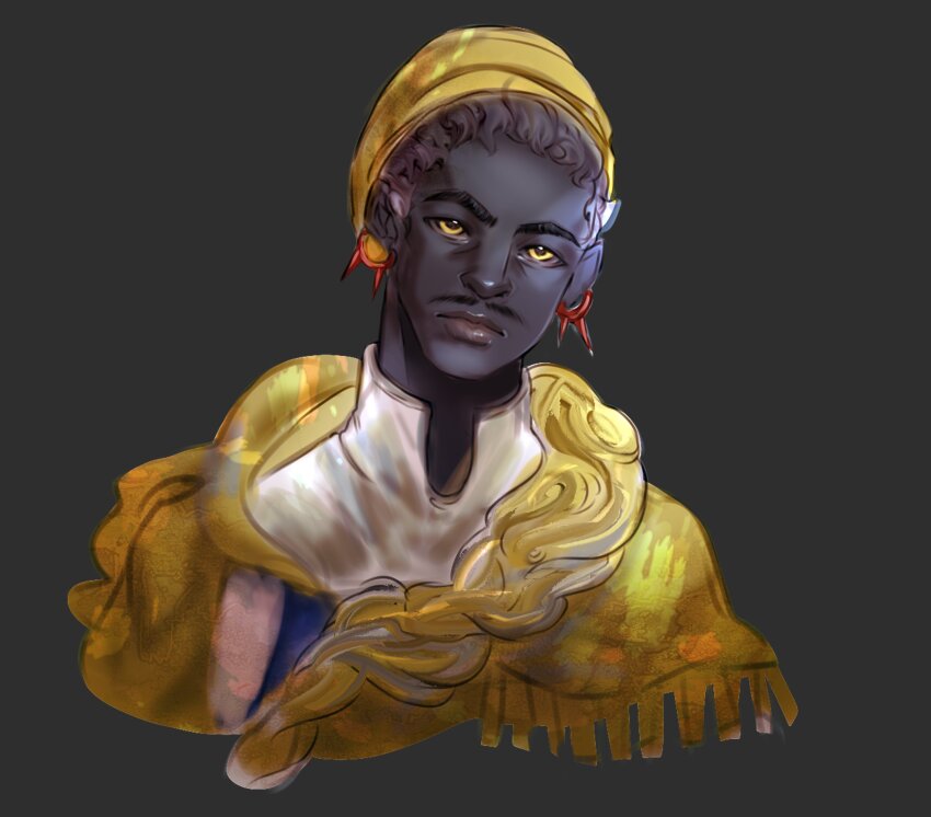1boy african_clothes colored_sclera commentary cropped_shoulders dark-skinned_male dark_skin earrings facial_hair fear_&amp;_hunger fear_&amp;_hunger_2:_termina fur_trim grey_background hat highres jewelry lips luo_qiangwei mustache o&#039;saa_(fear_&amp;_hunger) simple_background solo yellow_hat yellow_sclera
