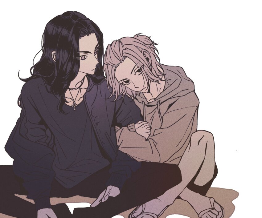2boys baji_keisuke black_eyes black_hair black_pants collarbone crossed_legs flip-flops highres holding_another&#039;s_arm hood hoodie jewelry long_hair looking_at_another looking_at_viewer male_focus multiple_boys necklace ontayuma pants sandals sano_manjirou short_hair shorts tokyo_revengers white_background