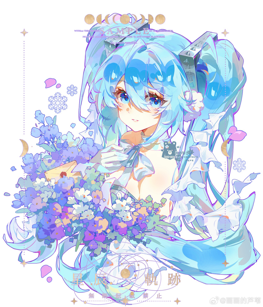 1girl absurdres bare_shoulders blue_bow blue_bowtie blue_eyes blue_flower blue_hair bow bowtie chinese_commentary choker commentary_request commission crescent cropped_torso dress envelope eyelashes flower gloves hair_between_eyes hair_intakes hair_ornament hand_on_own_chest happy hatsune_miku highres huahua_deluwei long_hair loose_hair_strand parted_lips petals pink_lips purple_flower sample_watermark simple_background smile snowflakes solo strapless strapless_dress twintails very_long_hair vocaloid watermark wax_seal weibo_watermark white_background white_choker white_dress white_flower white_gloves