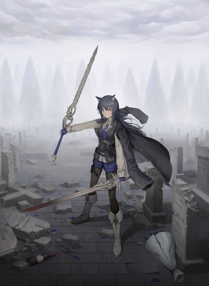 1girl absurdres animal_ears arknights black_jacket black_pantyhose black_vest blue_flower blue_gloves blue_hair blue_shorts boots bottle bouquet broken buttoned_cuffs buttons closed_mouth cloud collared_shirt commentary cross dual_wielding english_commentary fingerless_gloves flower fog full_body gloves graveyard grey_boots grey_shirt highres holding holding_sword holding_weapon jacket jacket_on_shoulders knee_boots latin_cross light_blush long_hair long_sleeves looking_at_viewer official_alternate_costume outdoors outstretched_arm overcast pantyhose rest_in_peace_(phrase) serious shirt shorts sky solo standing strap subfiction sword texas_(arknights) texas_the_omertosa_(arknights) tombstone vest weapon wind wolf_ears wolf_girl yellow_eyes