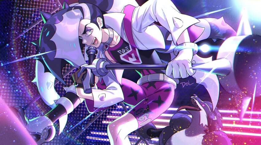 1boy aqua_eyes belt bike_shorts black_hair collar dolustoy eyeshadow gen_8_pokemon gloves highres holding holding_microphone holding_microphone_stand jacket long_hair makeup male_focus metal_collar microphone microphone_stand multicolored_hair music nintendo obstagoon open_mouth piers_(pokemon) pink_shorts pokemon pokemon_(creature) pokemon_swsh purple_eyeshadow shorts singing solo stage standing tight_clothes white_hair white_jacket
