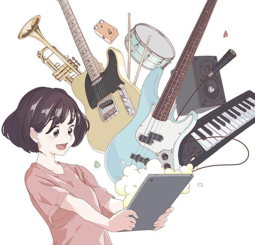 1girl :d audio_cable awestruck bass_guitar black_eyes black_hair bob_cut cable commentary_request drum drumsticks effects_pedal bass_guitar electric_guitar fender_telecaster guitar highres holding holding_tablet_pc instrument keyboard_(instrument) microphone open_mouth original pink_shirt pj_bass plectrum shirt short_sleeves shure_sm57 simple_background smile snare_drum solo speaker t-shirt tablet_pc tariki_fretless trumpet upper_body white_background