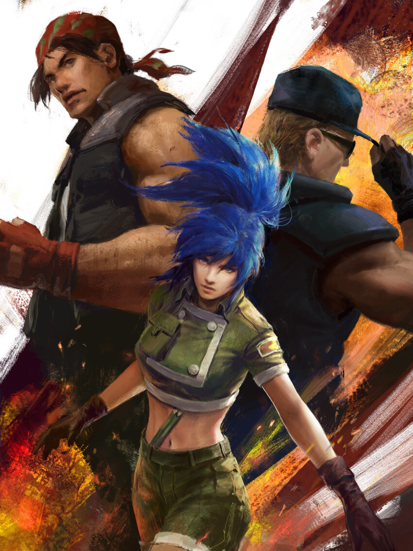 1girl 2boys absurdres bad_link baseball_cap blue_hair brown_gloves clark_still gloves hat highres ikari_warriors leona_heidern multiple_boys muscular ponytail ralf_jones red_gloves sunglasses tank_top the_king_of_fighters