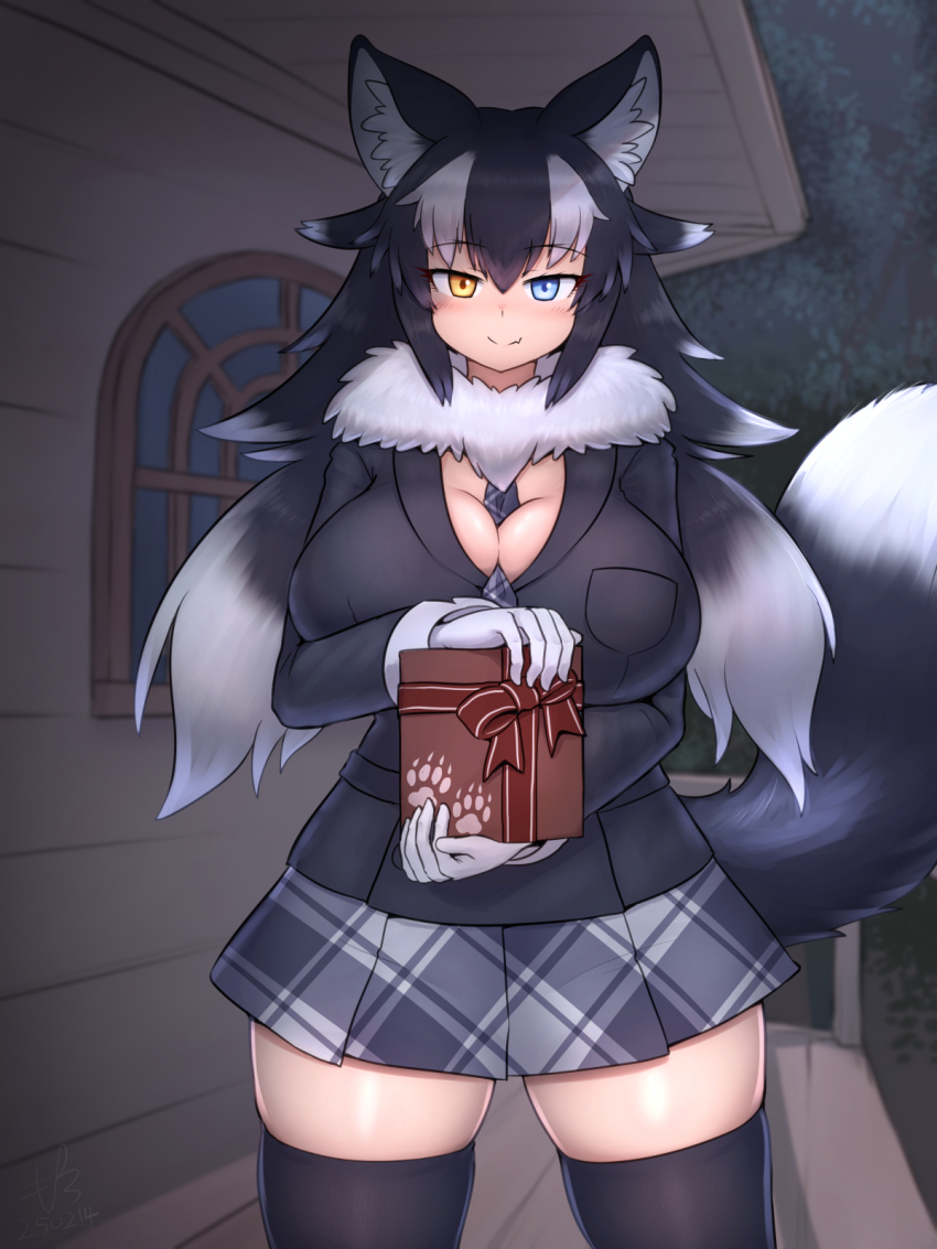 1girl animal_ears between_breasts black_hair blue_eyes blush box box_of_chocolates breasts chocolate cleavage fur_collar gift gift_box gloves grey_wolf_(kemono_friends) heterochromia highres holding holding_gift incoming_gift kemono_friends large_breasts long_hair long_sleeves looking_at_viewer mo23 multicolored_hair necktie necktie_between_breasts pleated_skirt skindentation skirt smile solo tail thighhighs two-tone_hair valentine white_hair wolf_ears wolf_girl wolf_tail yellow_eyes