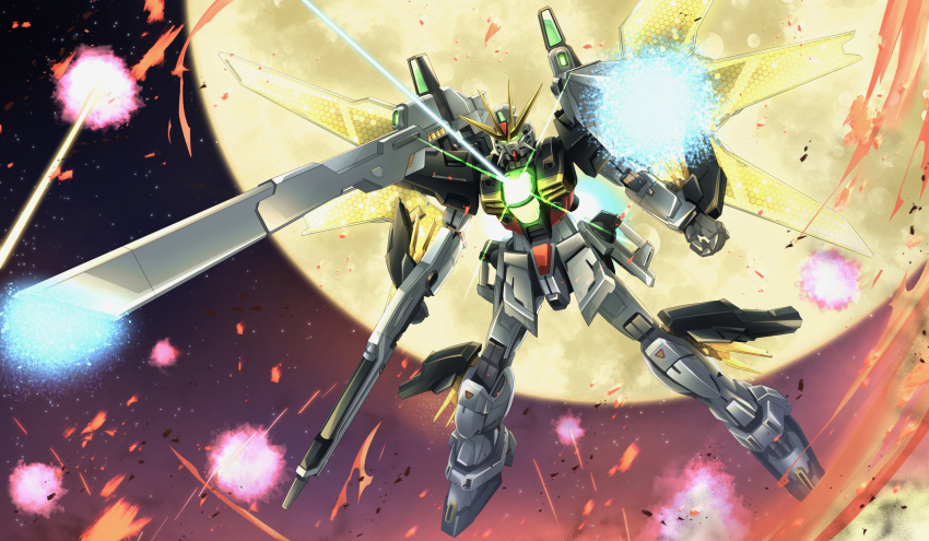 after_war_gundam_x beam_cannon beam_rifle commentary debris energy_gun explosion full_moon glowing glowing_eyes green_eyes gun gundam gundam_double_x highres holding holding_gun holding_weapon light_particles mecha mecha_focus mobile_suit moon no_humans robot satellite_cannon science_fiction shoulder_cannon solo troy_(oxaa01ex) v-fin weapon