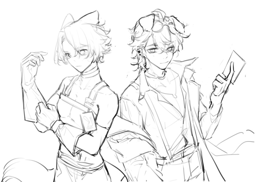 2boys absurdres adjusting_clothes adjusting_gloves ahoge ambience_synesthesia animal_ears arknights belt card chest_harness chinese_commentary choker closed_mouth collarbone commentary_request dog_boy dog_ears dog_tags dog_tail ear_piercing earrings eyewear_on_head frown gloves hair_between_eyes hand_up harness highres holding holding_card jacket jacket_on_arm jewelry looking_at_viewer male_focus maorongxingqiu monochrome multiple_boys multiple_necklaces necklace open_clothes open_jacket open_shirt pants piercing playing_card scarf smile sunglasses suspenders tail tequila_(arknights) tequila_(cardwinner)_(arknights) thick_eyebrows turtleneck white_background windflit_(arknights)