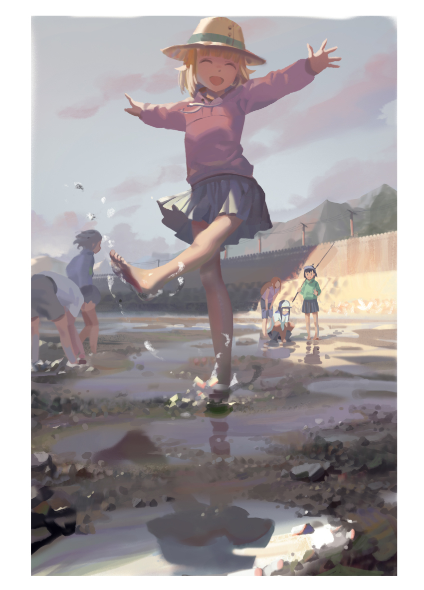 1boy 5girls :d barefoot blonde_hair blunt_bangs border closed_eyes day drawstring fishing_rod full_body happy hat highres houkago_teibou_nisshi long_sleeves miniskirt multiple_girls open_mouth outdoors outstretched_arms pink_sweater pleated_skirt psi_(583278318) short_hair skirt smile solo_focus spread_arms squatting standing standing_on_one_leg sweater tsurugi_hina water white_border