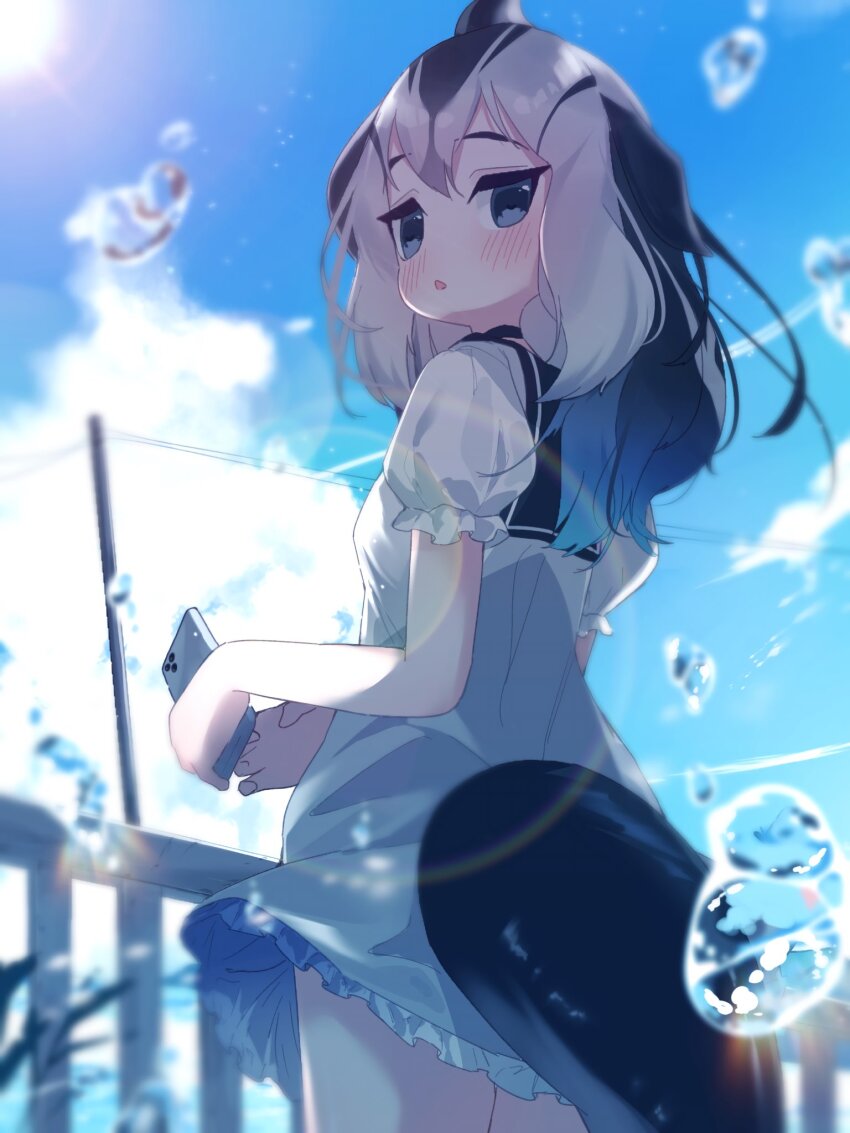 1girl blowhole blue_hair blush cellphone cetacean_tail cowboy_shot dolphin_girl dorsal_fin dress fins fish_tail frilled_dress frilled_sleeves frills from_behind from_below grey_dress grey_hair hair_between_eyes head_fins highres kemono_friends long_hair looking_at_viewer looking_back multicolored_hair pacific_white-sided_dolphin_(kemono_friends) phone puffy_short_sleeves puffy_sleeves sailor_collar sailor_dress sarutori short_sleeves sidelocks smartphone solo tail two-tone_dress water_drop white_dress white_hair