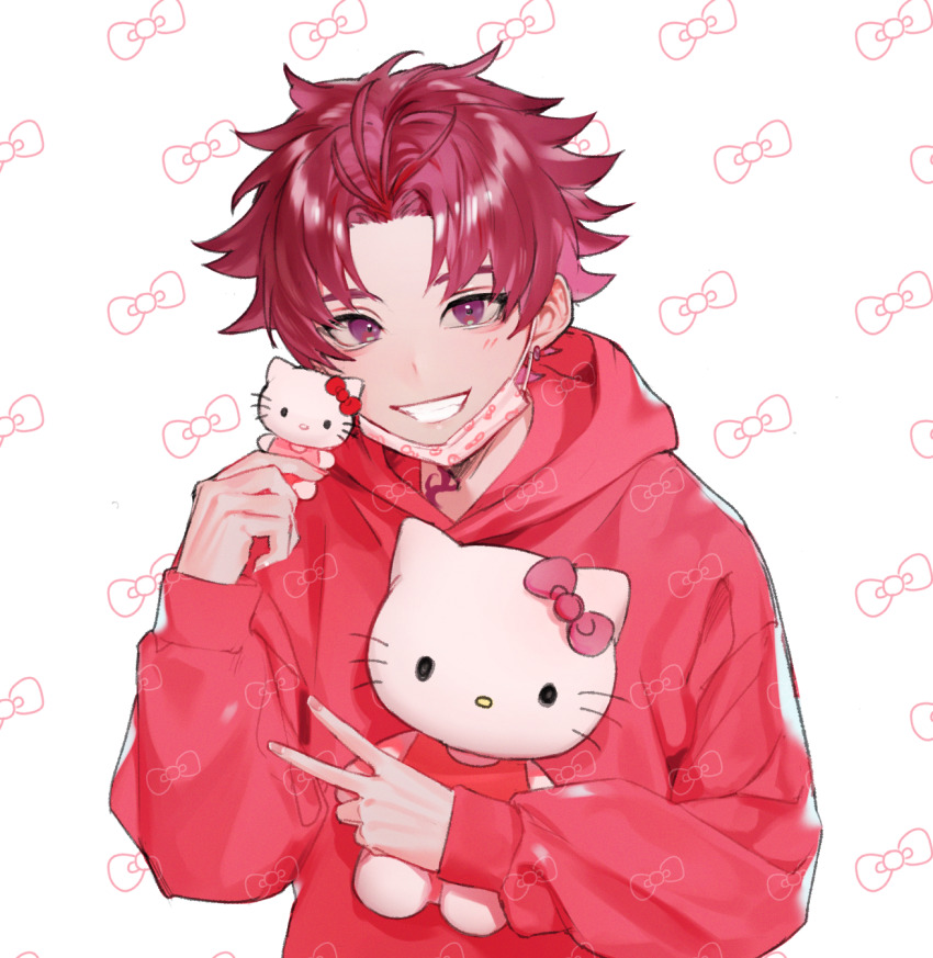 1boy blush hello_kitty hello_kitty_(character) highres hugging_object male_focus mask_pull multicolored_background nail_polish nyamnyam0502 paradox_live pink_background red_eyes red_hair sanrio solo stuffed_animal stuffed_toy sugasano_allen v white_background