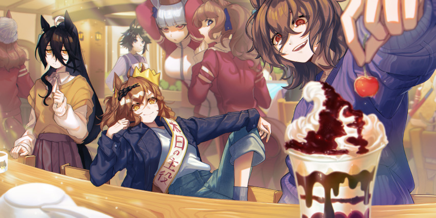 6+girls absurdres agnes_tachyon_(umamusume) arm_up black_hair black_skirt blue_jacket blunt_bangs bow bownie bowtie breasts brown_hair character_request chemical_structure cherry collared_shirt collared_sweater crossed_bangs crown cup denim ear_piercing ear_tag earrings expressionless floating_earring food frown fruit gold_ship_(umamusume) grey_pants hair_between_eyes hair_ornament hairclip hand_on_own_knee head_rest high_ponytail highres holding holding_food holding_fruit ice_cream indoors jacket jeans jewelry jungle_pocket_(umamusume) large_breasts layered_sleeves light_rays long_hair long_hair_between_eyes long_sleeves looking_at_another looking_back manhattan_cafe_(umamusume) medium_hair messy_hair mujintou_png multicolored_hair multiple_girls on_chair open_clothes open_jacket pants parted_lips piercing pleated_skirt ponytail purple_sailor_collar purple_shirt purple_sweater red_eyes red_jacket red_pants ribbon sailor_collar sash school_uniform shirt shirt_tucked_in short_over_long_sleeves short_sleeves sidelocks single_earring sitting skirt smile sweater table tracen_school_uniform track_jacket track_pants translation_request umamusume very_long_hair white_bow white_bowtie white_hair white_ribbon white_sash white_shirt white_sweater wooden_chair wooden_table yellow_eyes yellow_shirt