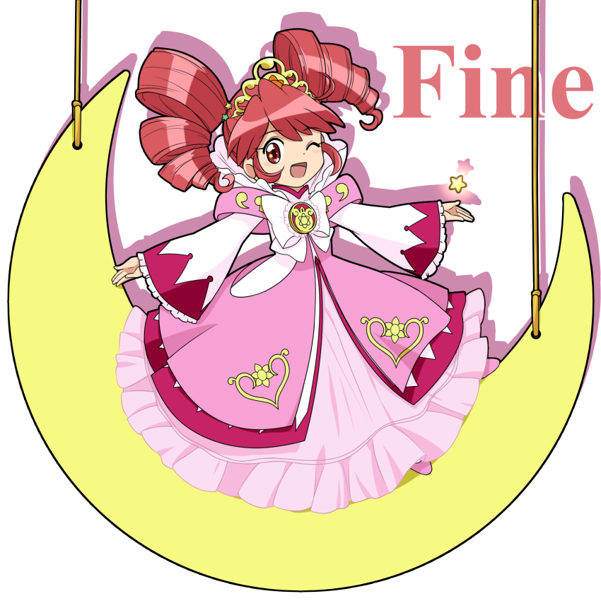 1girl ;d absurdres bow chaimaou character_name chest_bow commentary crescent crest dot_nose dress dress_bow drill_hair earrings english_text fine_(futagohime) fine_(prominence_dress_up)_(futagohime) frilled_dress frilled_sleeves frills full_body fushigiboshi_no_futago_hime gold_tiara gown hair_ornament heart heart_print high_collar highres jewelry light_blush long_hair long_sleeves looking_at_viewer magical_girl mary_janes medallion on_crescent one_eye_closed open_mouth outstretched_arms overskirt pantyhose pink_dress pink_shoes red_eyes red_hair rope shoes simple_background sitting sleeves_past_wrists smile solo spread_arms star_(symbol) star_earrings star_hair_ornament star_in_eye sun_print supportasse symbol_in_eye tiara twin_drills two-tone_dress white_background white_bow white_dress white_pantyhose wide_sleeves