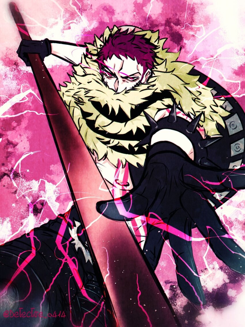 1boy arm_tattoo black_gloves bracelet charlotte_katakuri commentary_request detective_0414 electricity gloves highres holding holding_weapon jewelry looking_at_viewer male_focus one_piece purple_eyes purple_hair scarf short_hair solo spiked_bracelet spikes stitched_mouth stitches tattoo twitter_username weapon
