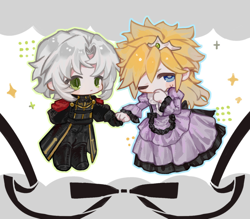 2boys aiguillette back_bow bailu_hengjiang black_boots black_bow black_coat black_pants black_ribbon blonde_hair blue_eyes blue_outline blush_stickers boots bow chibi cloud_strife cloud_strife_(ball_gown) coat covering_own_mouth crossdressing dress dress_bow expressionless final_fantasy final_fantasy_vii final_fantasy_vii_ever_crisis final_fantasy_vii_remake frilled_dress frilled_sleeves frills full_body gem green_eyes green_gemstone green_outline grey_hair hand_up hashtag-only_commentary highres juliet_sleeves knee_boots long_dress long_hair long_sleeves looking_at_another male_focus military_uniform multiple_boys one_eye_closed outline pants puffy_sleeves purple_dress ribbon sephiroth sephiroth_(ever_crisis) sephiroth_(shinra_formal_uniform) short_hair solo sparkle spiked_hair standing sweatdrop tiara time_paradox yaoi