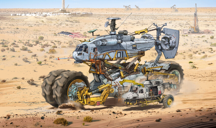3others absurdres aircraft ambiguous_gender american_flag ch-53 chenlongque commentary day desert dust_cloud english_commentary english_text green_jumpsuit helicopter highres horizon jumpsuit military military_vehicle motion_blur motor_vehicle multiple_others oil_well original outdoors pumpjack sand satellite_dish science_fiction signature sitting standing truck uh-1_iroquois vehicle_focus