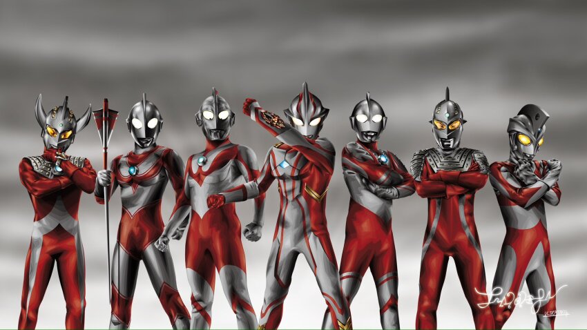 6+boys alien arm_up armor artist_name blue_gemstone bracelet breastplate color_timer commentary crossed_arms crossover dorsal_fin eye_slugger feet_out_of_frame forehead_jewel gem green_gemstone hand_on_own_chin hand_on_own_face highres holding holding_polearm holding_weapon horns in-franchise_crossover jewelry kaette_kita_ultraman lance looking_at_viewer looking_down male_focus mebius_brace multiple_boys pectorals polearm shoulder_armor signature standing stroking_own_chin tokusatsu ultra_series ultra_sign ultraman ultraman_(1st_series) ultraman_ace ultraman_ace_(series) ultraman_jack ultraman_mebius ultraman_mebius_(series) ultraman_tarou ultraman_tarou_(series) ultraseven ultraseven_(series) ultrataku weapon white_eyes yellow_eyes zoffy_(ultra_series)