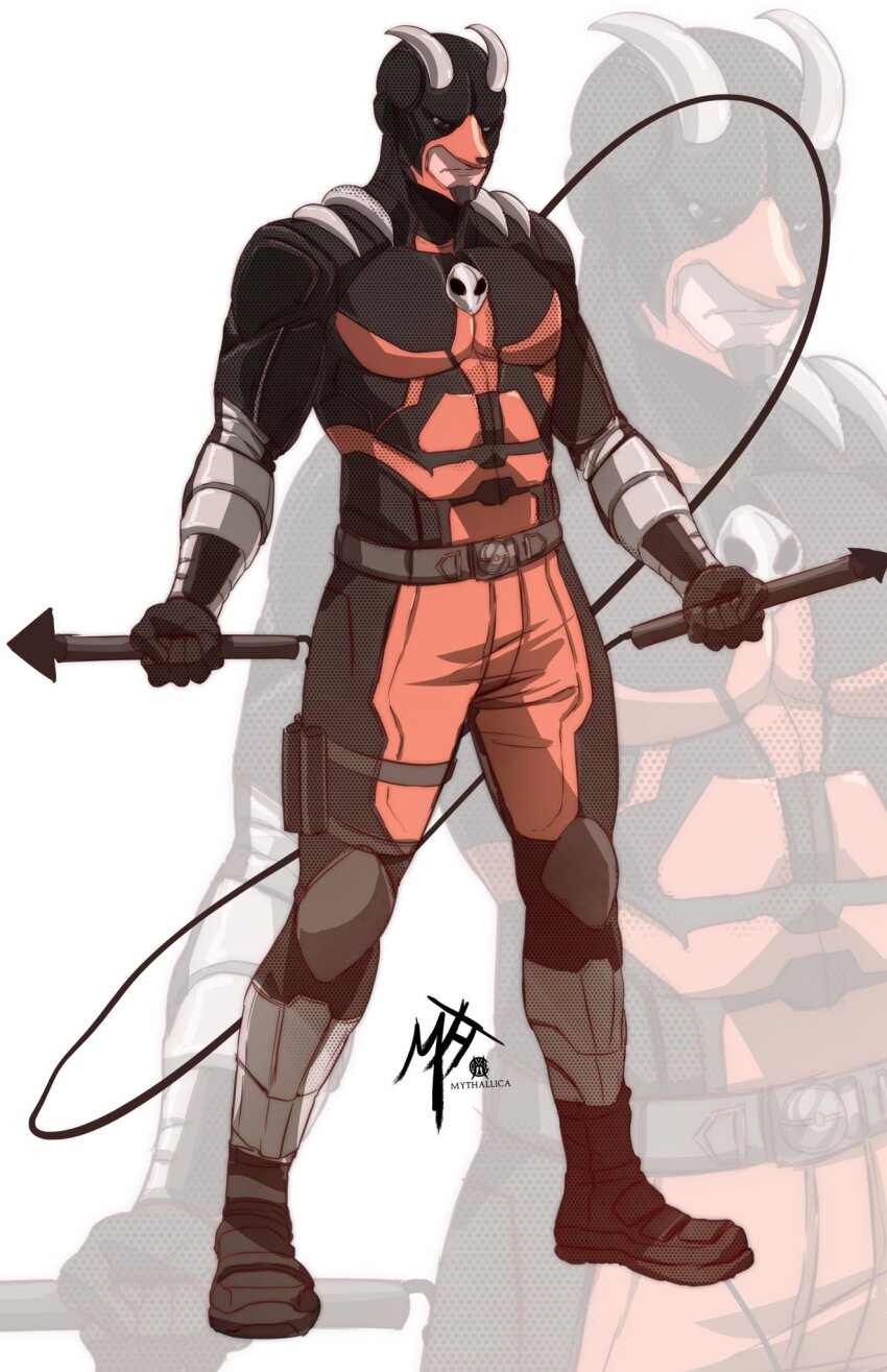 1boy animal_helmet artist_name belt bodysuit boots closed_mouth daredevil dual_wielding fake_horns gen_2_pokemon halftone highres holding holding_weapon horns houndoom knee_guards male_focus marvel mythallica nintendo personification pokemon signature superhero_costume weapon