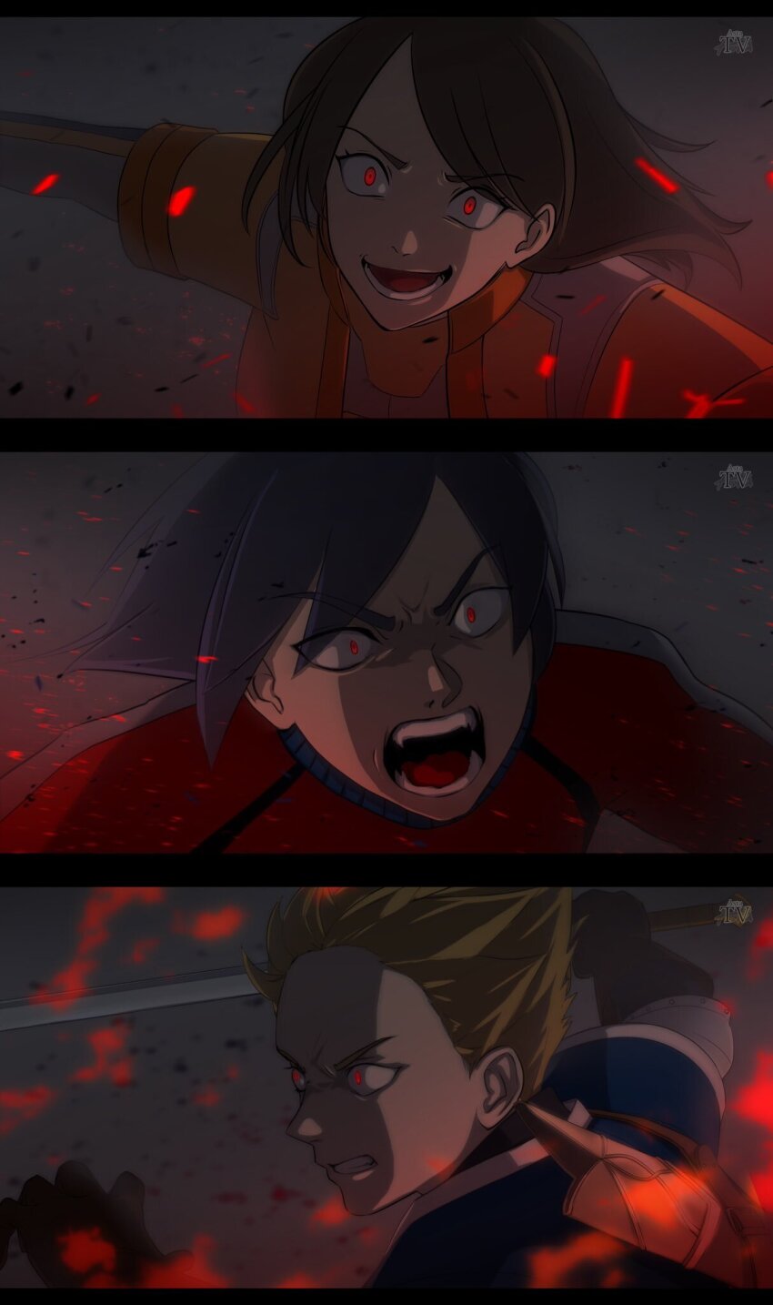 1girl 2boys angry armor black_hair blonde_hair blood blood_on_face brown_hair clenched_teeth crazy_smile embers glowing glowing_eyes harogen_asta highres holding holding_weapon mii_(nintendo) mii_brawler mii_brawler_(smash_ultimate) mii_gunner mii_gunner_(smash_ultimate) mii_swordfighter mii_swordfighter_(smash_ultimate) multiple_boys nintendo open_mouth possessed red_eyes screaming short_hair smile super_smash_bros. sword teeth weapon